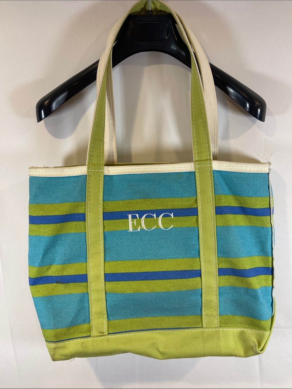 VTG L.L. Bean Boat & Tote Monogram Canvas Stripe Tote Bag in Teal & Lime